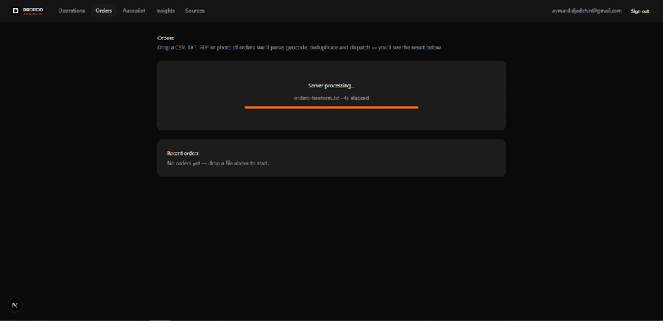 Orders screen with a file orders-freeform.txt being processed by the server, 4 seconds elapsed.